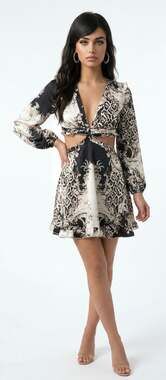 Glamaker Women's Satin Print Cut-Out Mini Dress with Lace-Up Back medium